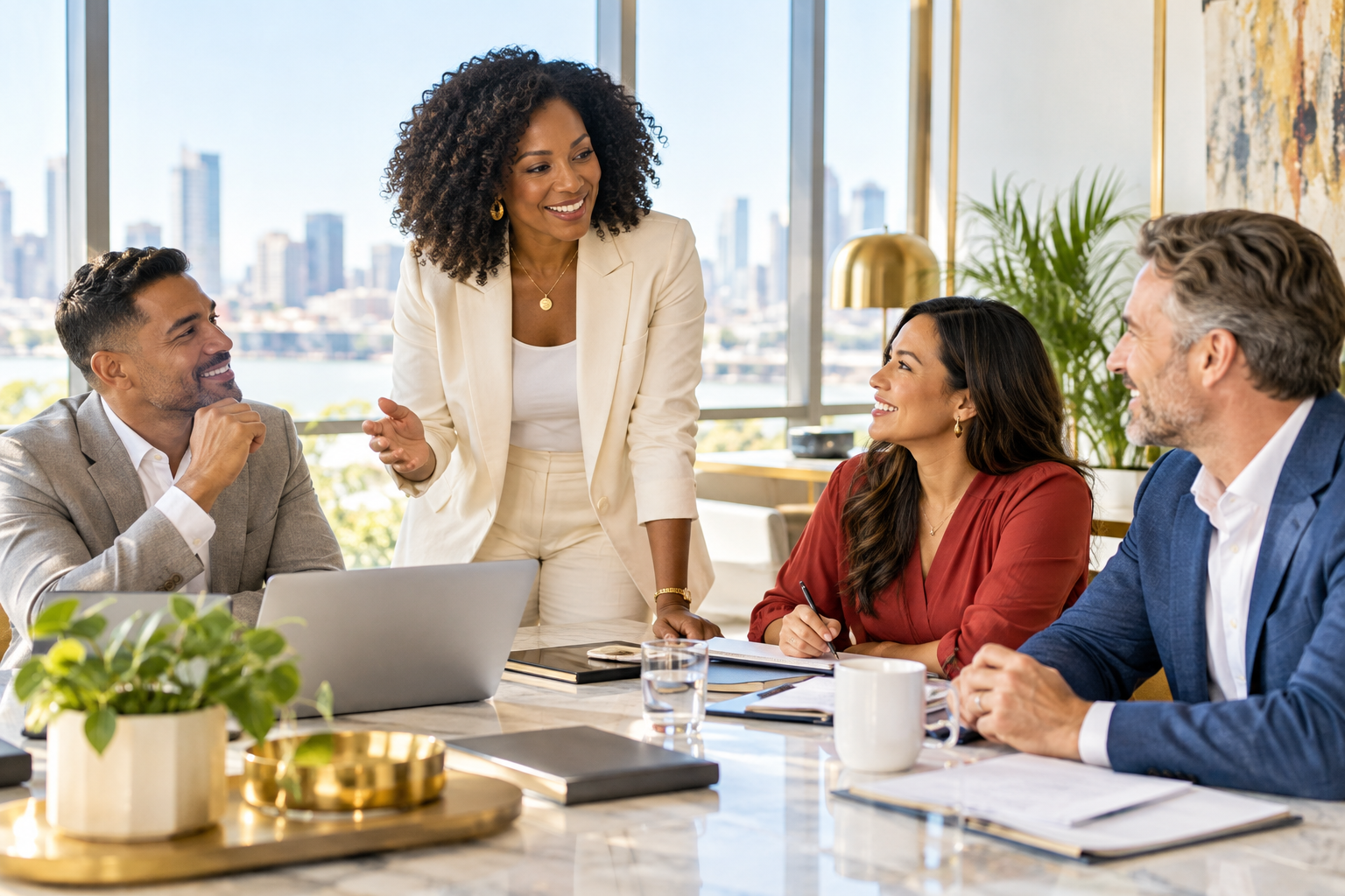 Diverse business leaders collaborating in a bright office