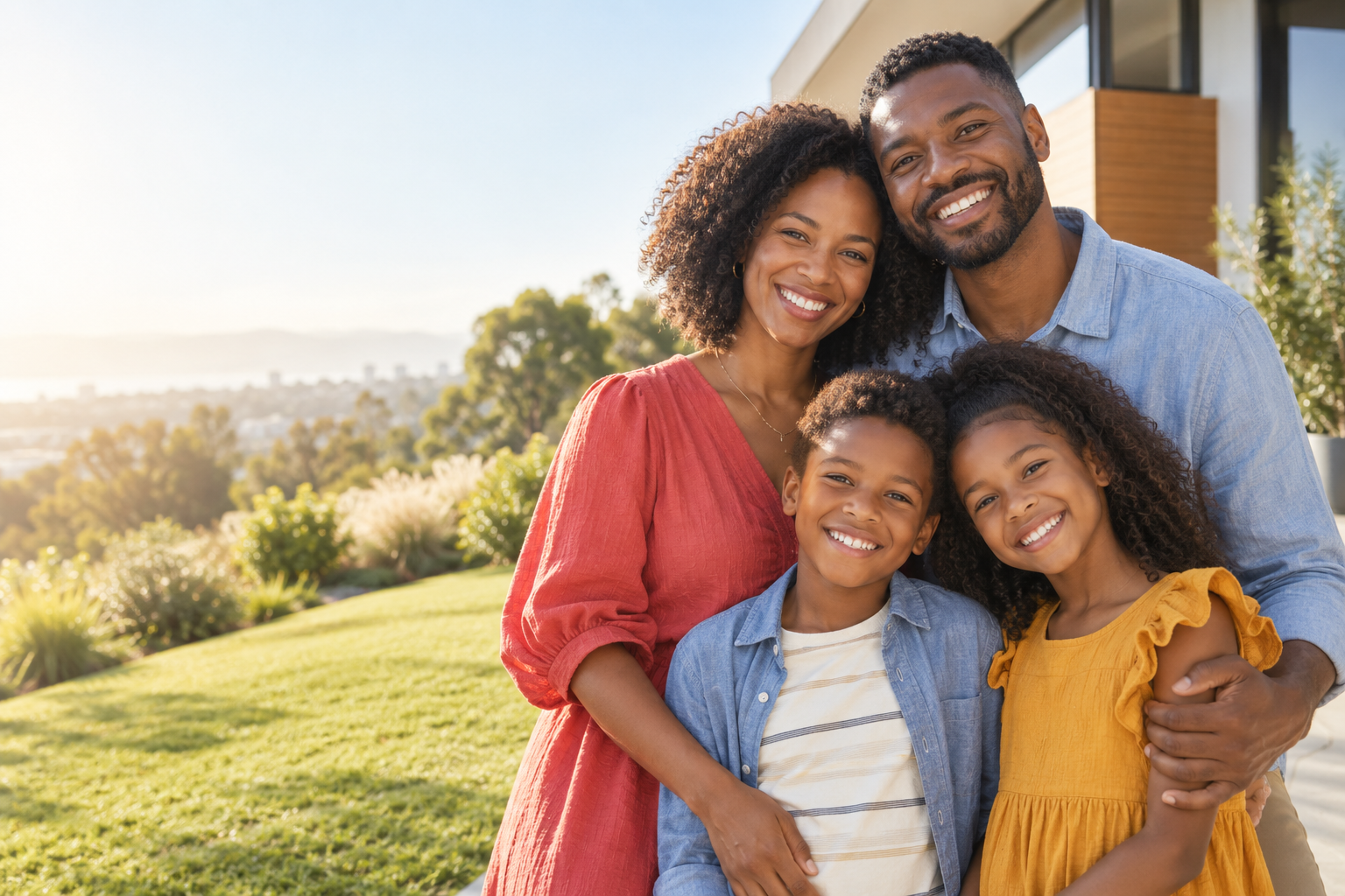A joyful family in bright clothing outside their home